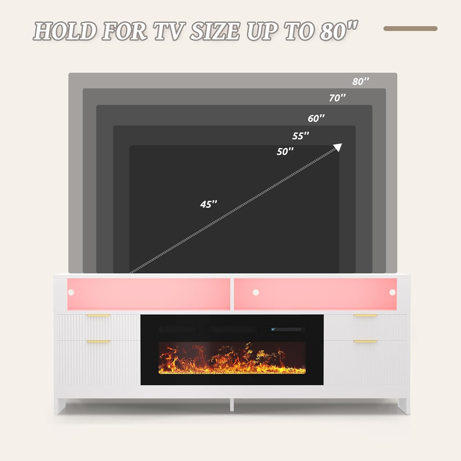 Fireplace TV Stand with 36" Fireplace Up to 80" TVs, 70" Entertainment Center with LED Lights, Storage Cabinets, Modern TV Console for Living Room,Bedroom (White)