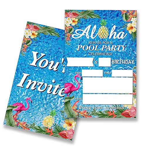 EUDOSI Aloha Pool Birthday Party Invitations Supplies Fill-In Set of 20 with Envelopes Hawaiian Aloha Theme Summer Tropical Pool Birthday Bash Invites Cards(Double Sided)