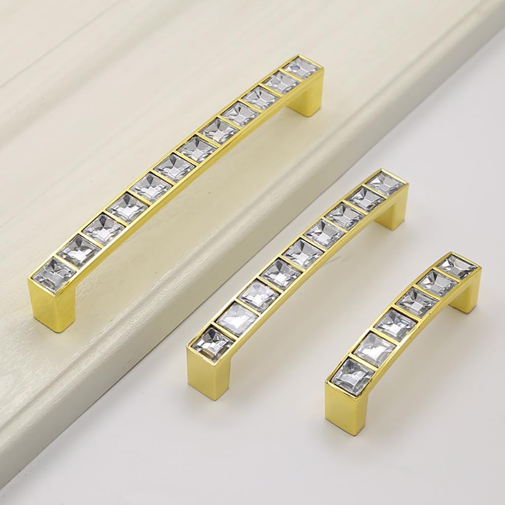 10 Pack Gold U Shape Crystal Glass Rhinestone Cabinet Pulls Knobs Handles,Modern Decorated Shiny Dresser Drawer Konbs Pulls Handles for Cupboard Wardrobe Dresser (10 Pack, 3.8" Hole Centers)
