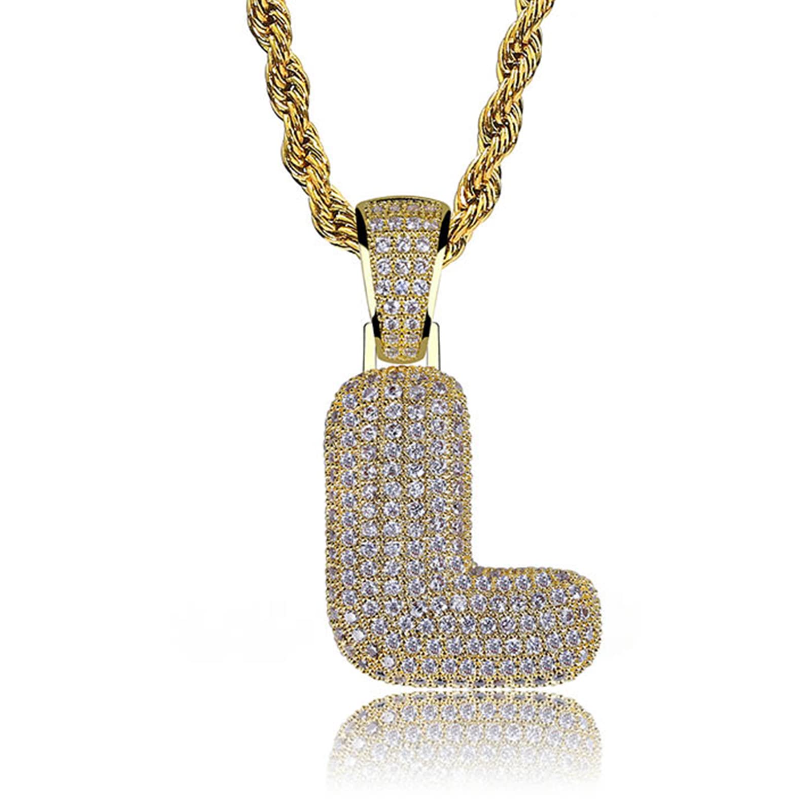 HECHUANGBubble Letter Necklace Gold Silver Initial Necklaces 14K Gold Plated Personalized Custom Name Diamond Letter Chain Necklace for Men