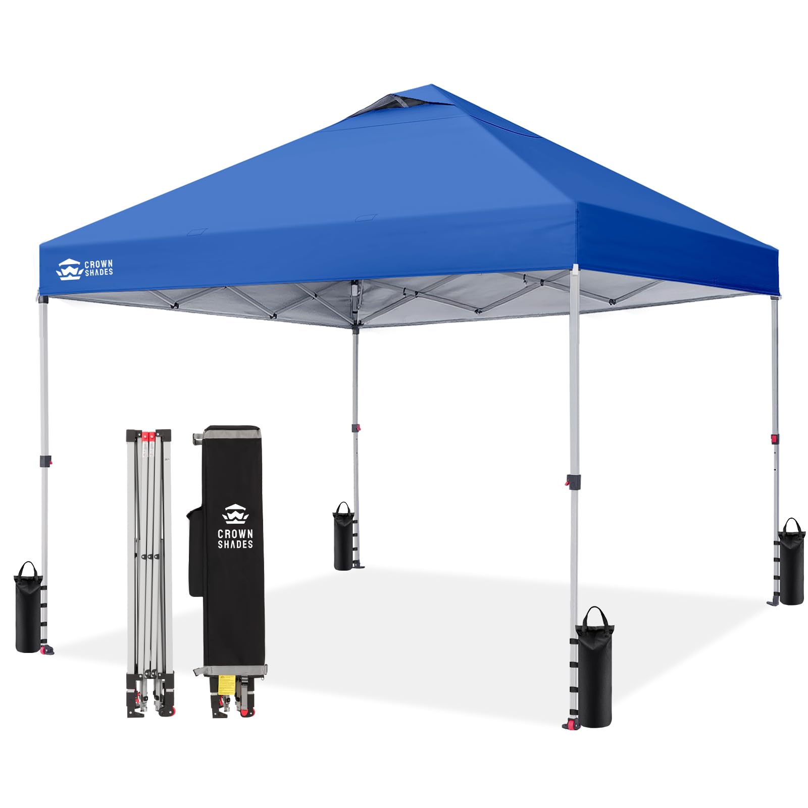 CROWN SHADES 10x10 Pop Up Canopy - Beach Tent with One Push Setup - Easy Outdoor Sun Shade for Events, Parties, Camping - Gazebo with STO-N-Go Cover Bag, Silver Coated Top, Blue