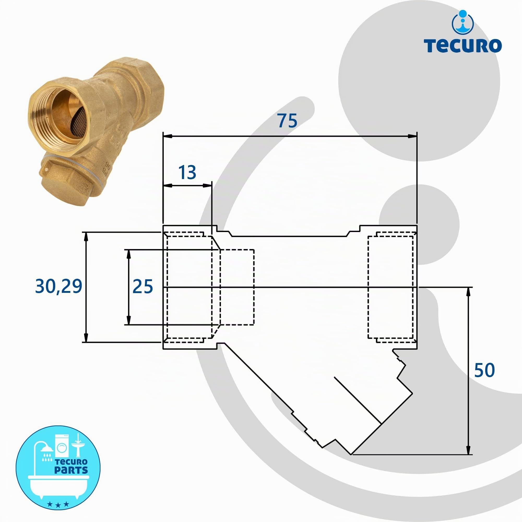 tecuro Schrägsitz-Schmutzfänger G 1 Zoll (DN 25) mit Edelstahlsieb 0,5 mm Maschenweite, Messing