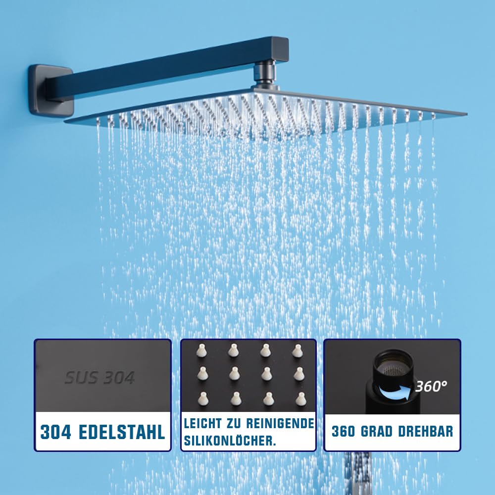 Duschsystem Schwarz Unterputz Duscharmatur Set inkl.30X30cm Kopfbrause, Duschsystem mit Temperatur LCD Display, Regendusche Schwarz, 200mm Handbrause, Messingkörper, 1.5m Brauseschlauch, 37cm Hoche