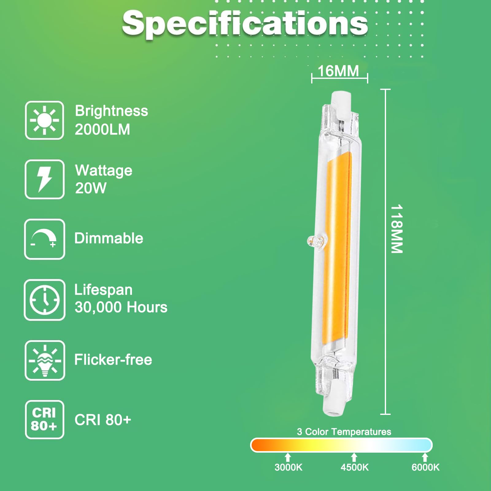 R7S LED 118mm Dimmbar, 20W LED Stab