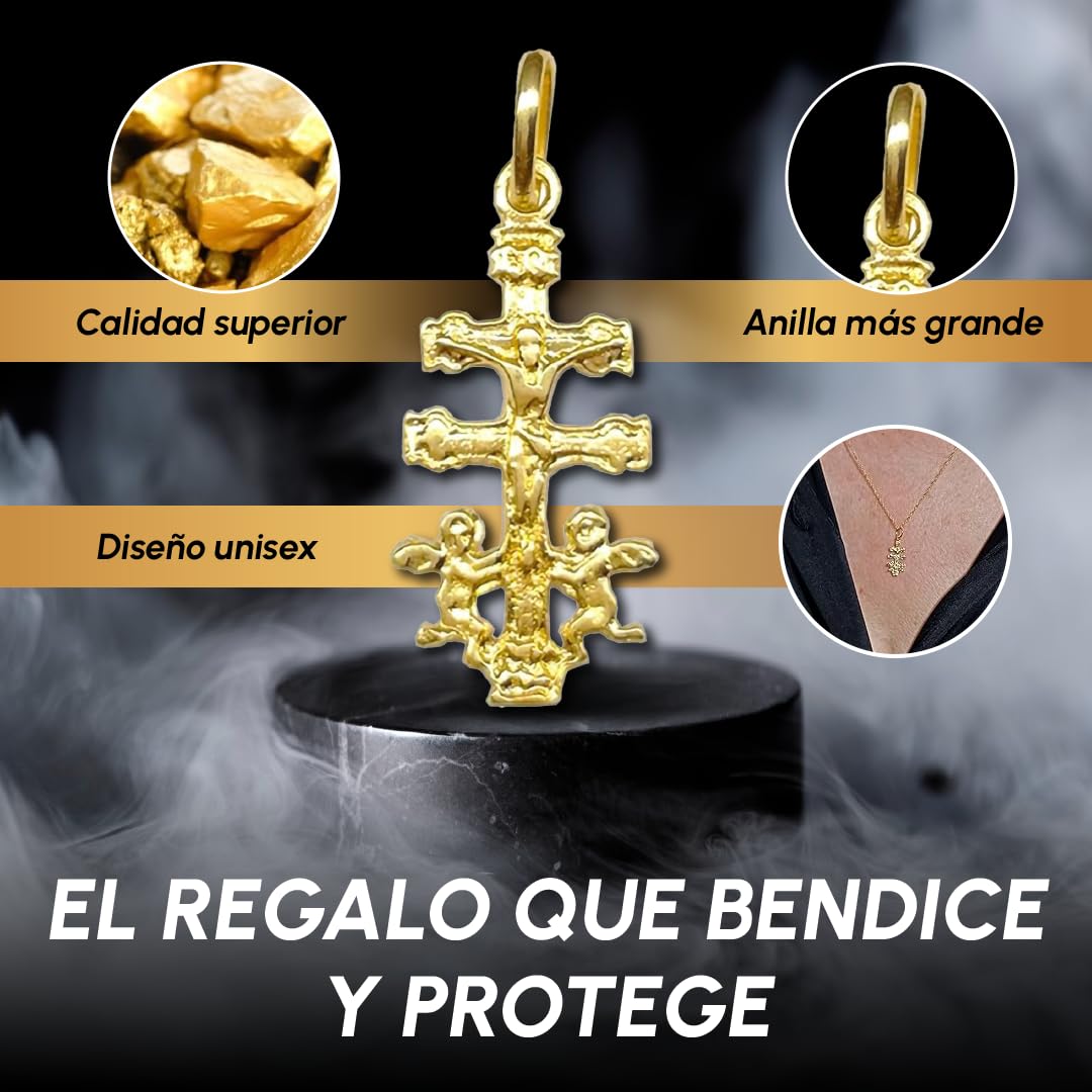 Cruz de Caravaca Bendecida Oro Ley 18K Angeles - Pequeña 1,8 cm. Fabricada y enviada desde la ciudad de Caravaca. Unisex | Ideal para regalo | No incluye cadena