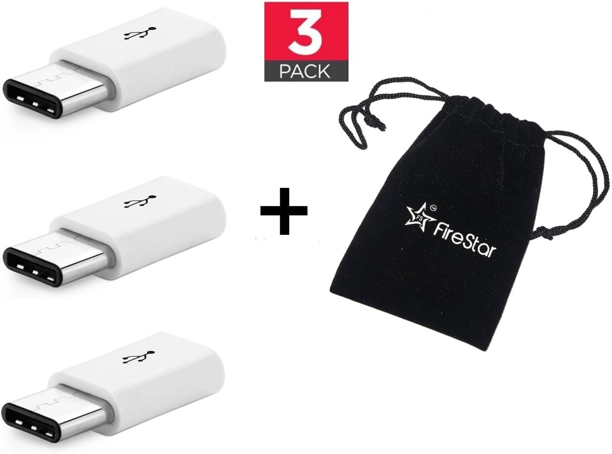 USB C Adaptor, [3 in 1 Pack] + [ Free Suede Firestar Storage Pouch] USB C (male) to Micro USB Adaptor (female), Converts USB Type C input to Micro USB, Uses 56K Resistor, Works with Samsung S8, MacBook, Nintendo Switch, ChromeBook Pixel, Nexus 5X, Nexus 6P, Nokia N1, OnePlus 2 and More