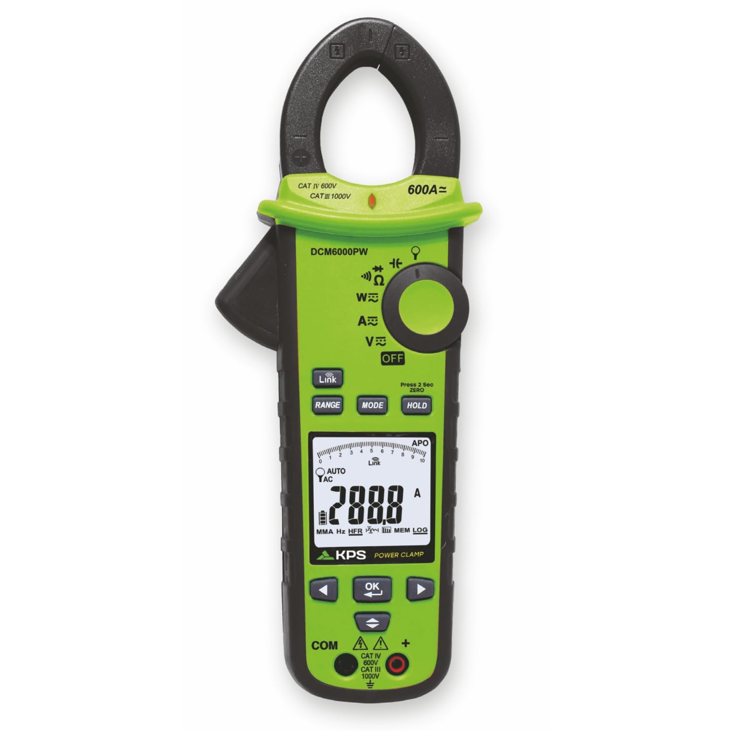 KPS DCM6000PW Pinza Vatimétrica Digital TRMS 10000 Cuentas, 1000V AC/DC, 600A AC/DC, Medición de Potencia, Armónicos, Factor de Potencia y THD, Bluetooth y Datalogger, CAT IV 600V