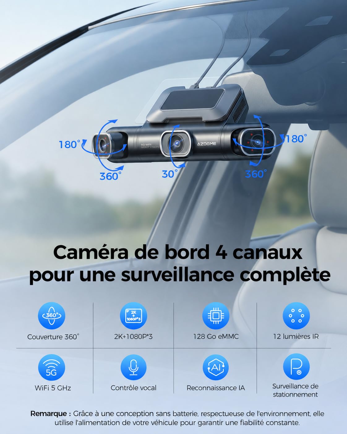 AZDOME 4-Canaux Dashcam Voiture, 360 degrés Camera Voiture Avant Arriere avec 128GB eMMC, 2.5K+3x1080P Caméra avec 5G WiFi GPS, Vision Nocturne IR, Contrôle Vocale, Mode Stationnement 24H (M660)