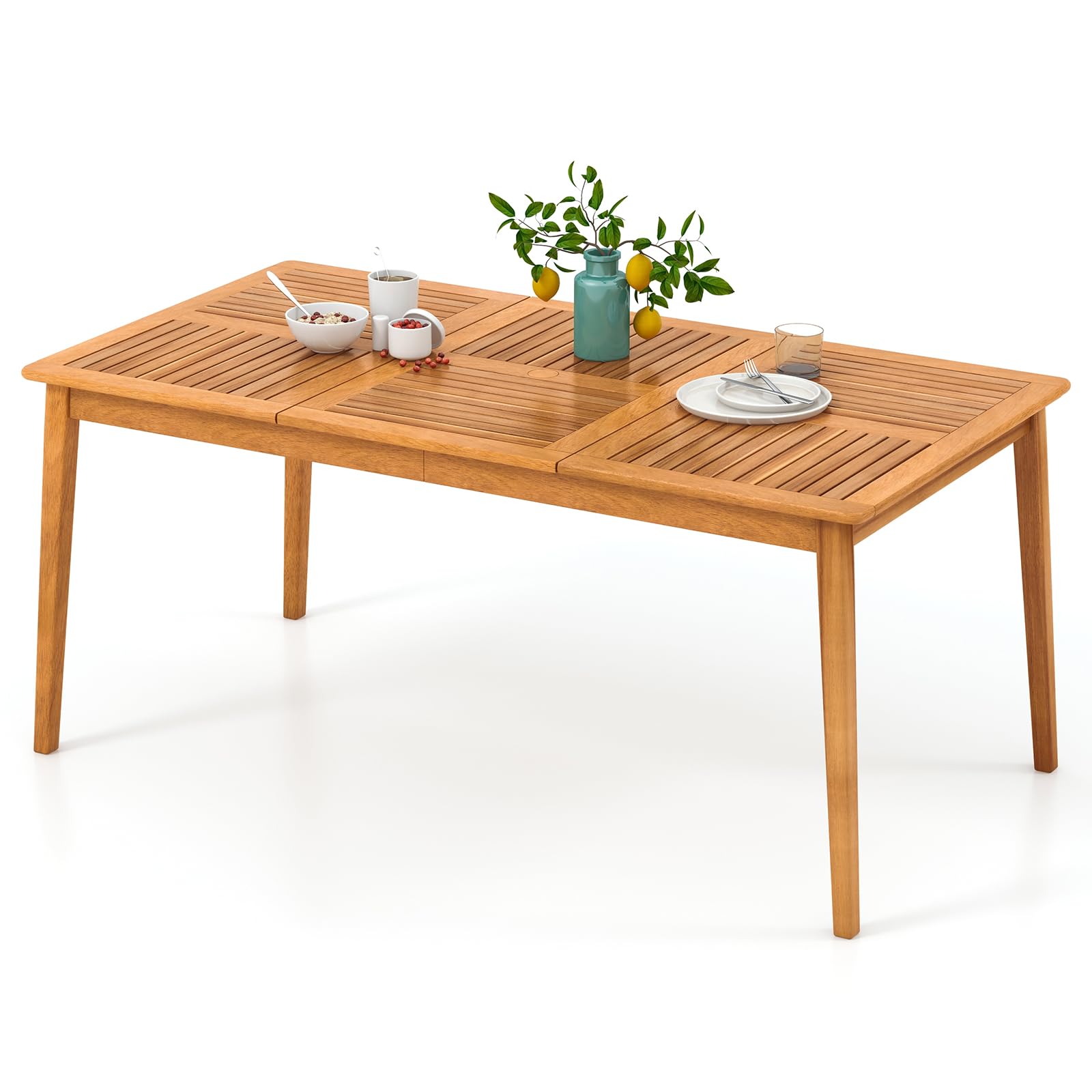 TANGZON Garden Table for 6, Acacia Wood Outdoor Dining Table with Parasol Hole & Slatted Top, Bistro Patio Dining Tables Furniture for Backyard Balcony Lawn Poolside (170 x 90 x 75 cm) — image 1