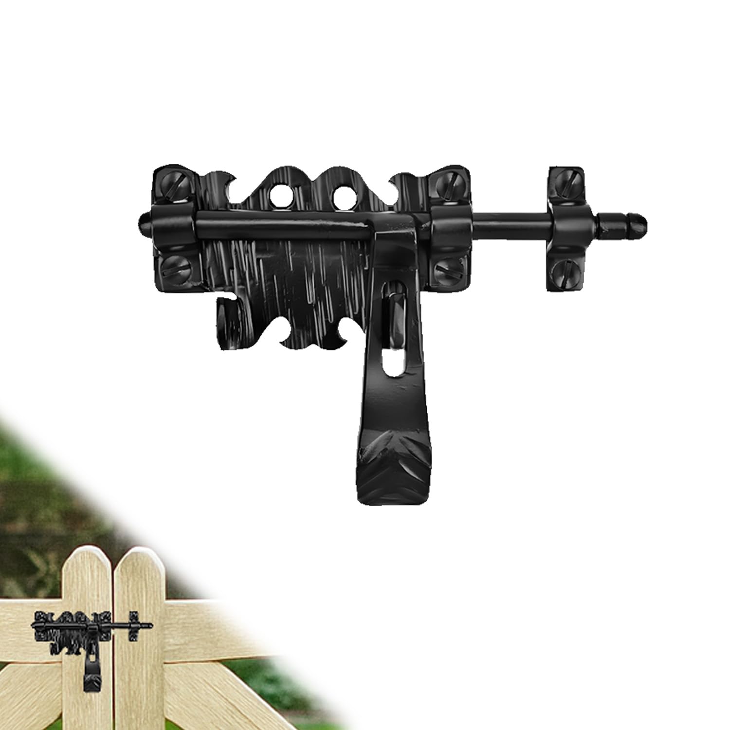 1 Pack 6.75" Bolt Latch for Gates - Black - Decorative Metal Gate Latches - Handmade Rustic Metal Bolt Latches for Gates Doors Sheds Garage and Fences - Heavy Duty Bolt Latch - The Hacienda Series