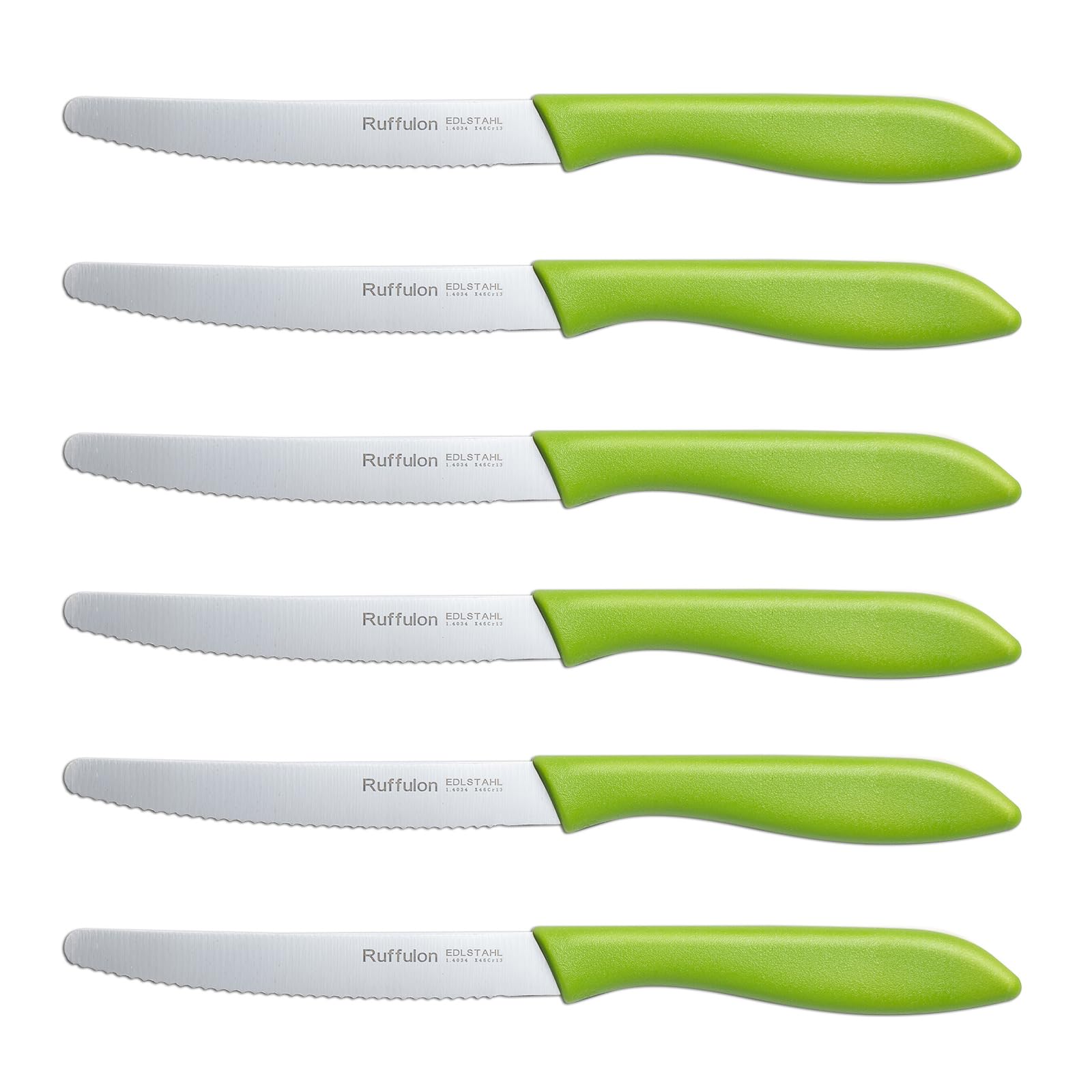 Ruffulon Tomato Knife Set, 6 Pieces,Kitchen Knives Made of Stainless Steel,Tomato Knives with Sharp Edge, Serrated Blade,Bread Knives&Table Knives,Plastic Handle Dinner Knifes,Dishwasher Safe,Green