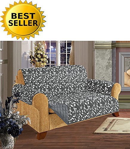 Elegance Linen Leaf Design Quilted Water-Absorbent Microfiber Reversible Furniture Protector/Slipcover, Sofa Size, Gray