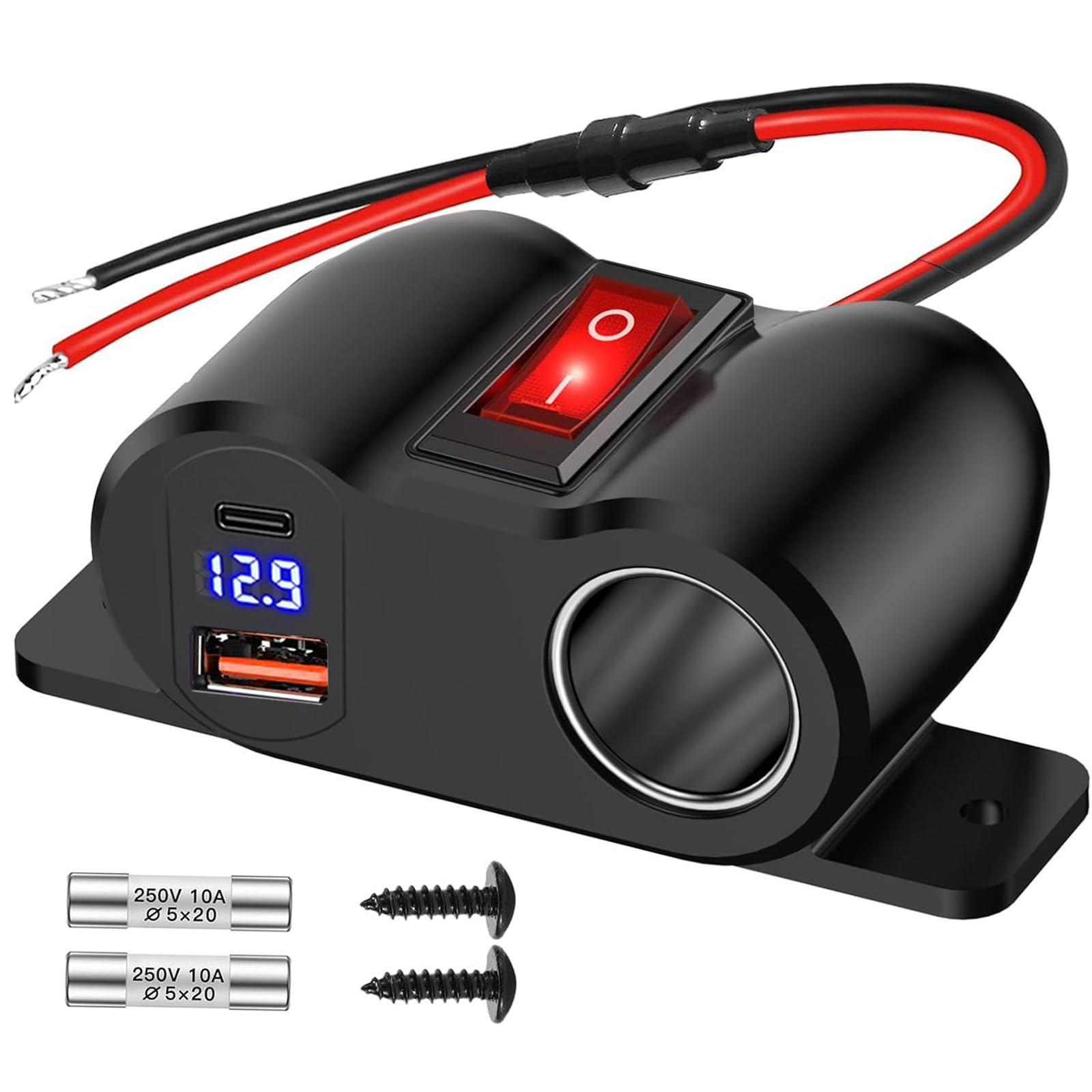 WIOONI 12V 120W Zigarettenanzünder Steckdose mit 36W PD USB-C und 18W QC3.0 USB-A Ladeanschlus mit Voltmeter, Schalter und LED-Anzeige für 12-24V Auto, LKW, Boot, Wohnmobil