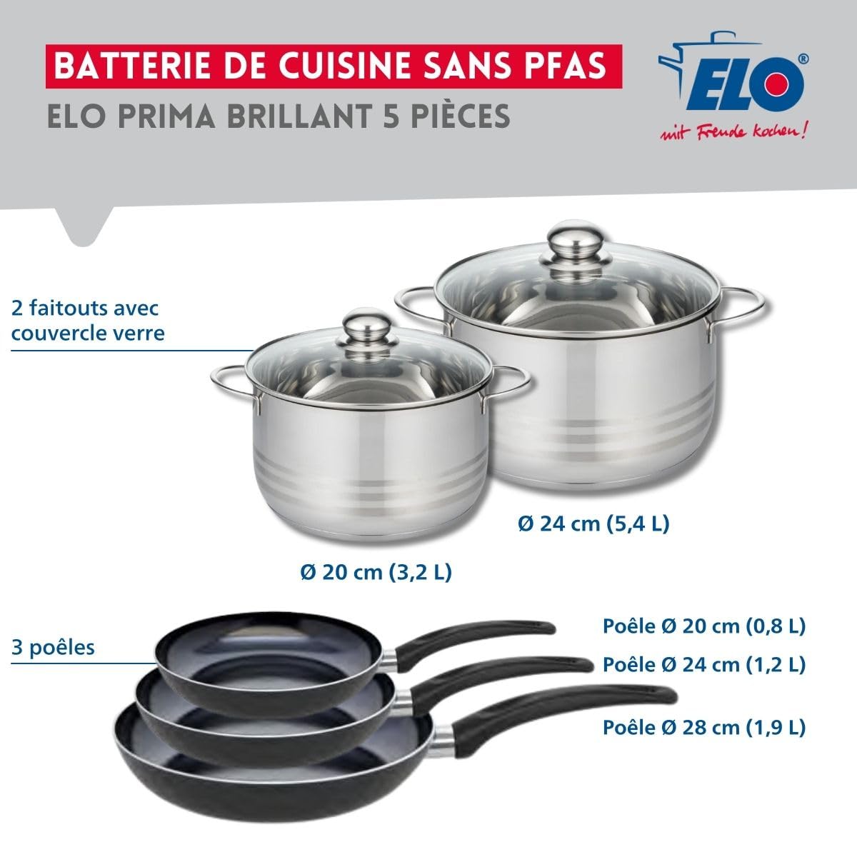 Elo Batterie cuisine 3 poêles 20/24/28 cm et 2 faitouts 20/24 cm