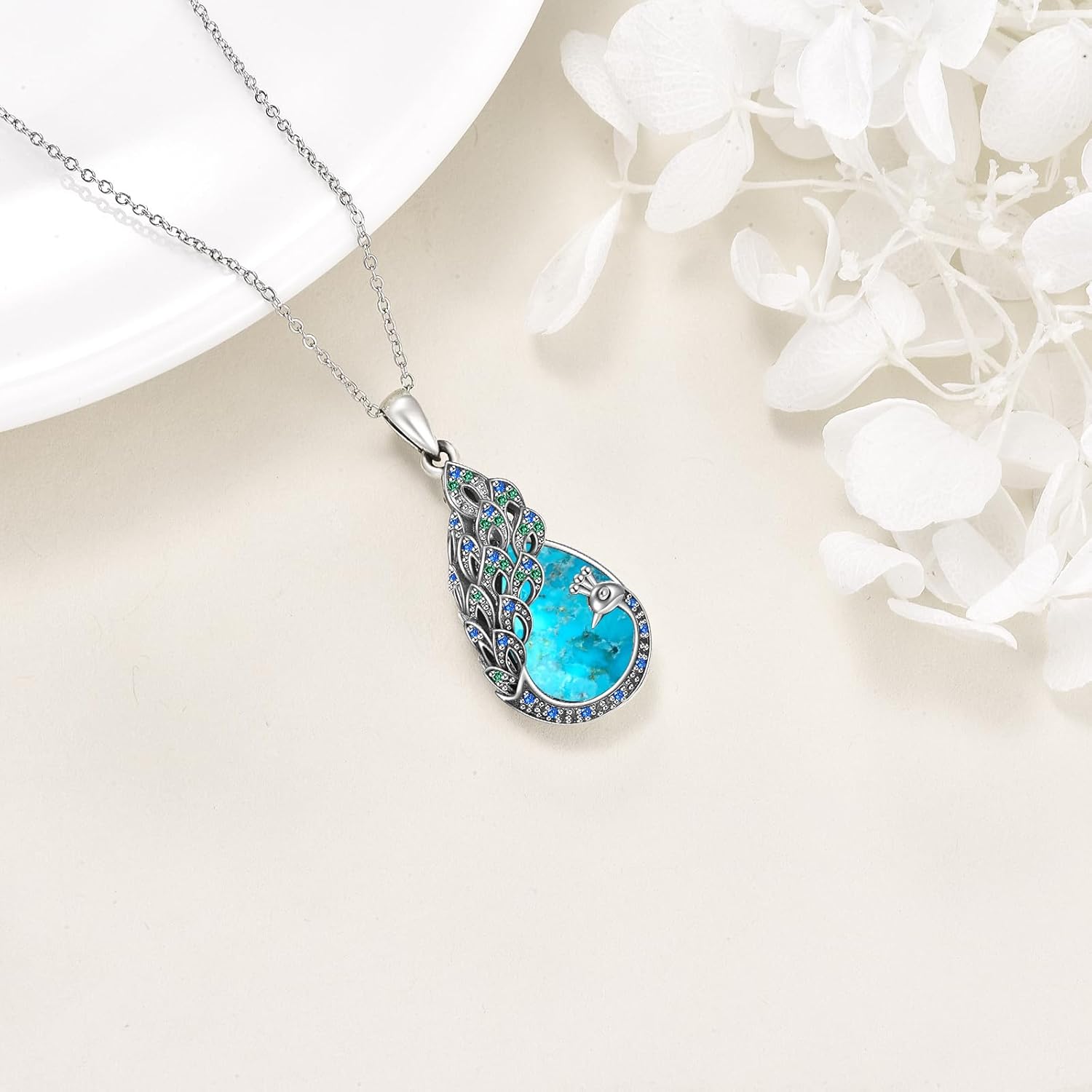 Sterling Silver Blue Opal Turquoise Peacock Pendant Necklace - Peacock Jewelry Gifts for Women - Image 4