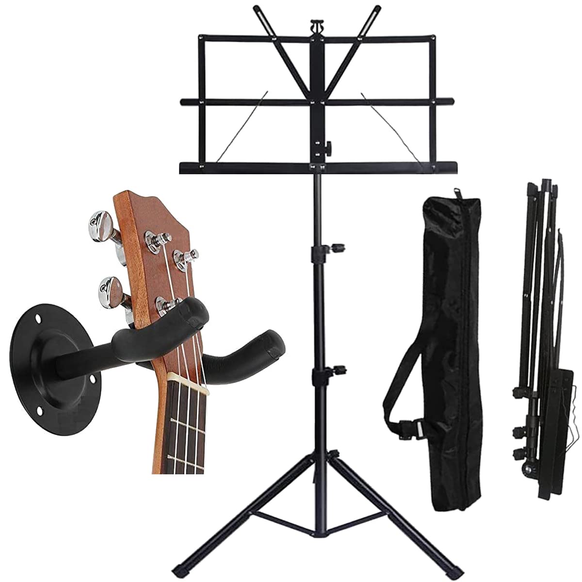 device of urban infotech notation stand 2 in 1 dual-use folding sheet music stand with carrying bag desktop book stand for notes, violin, musical instruments lyrics stand with free guitar wall hanger