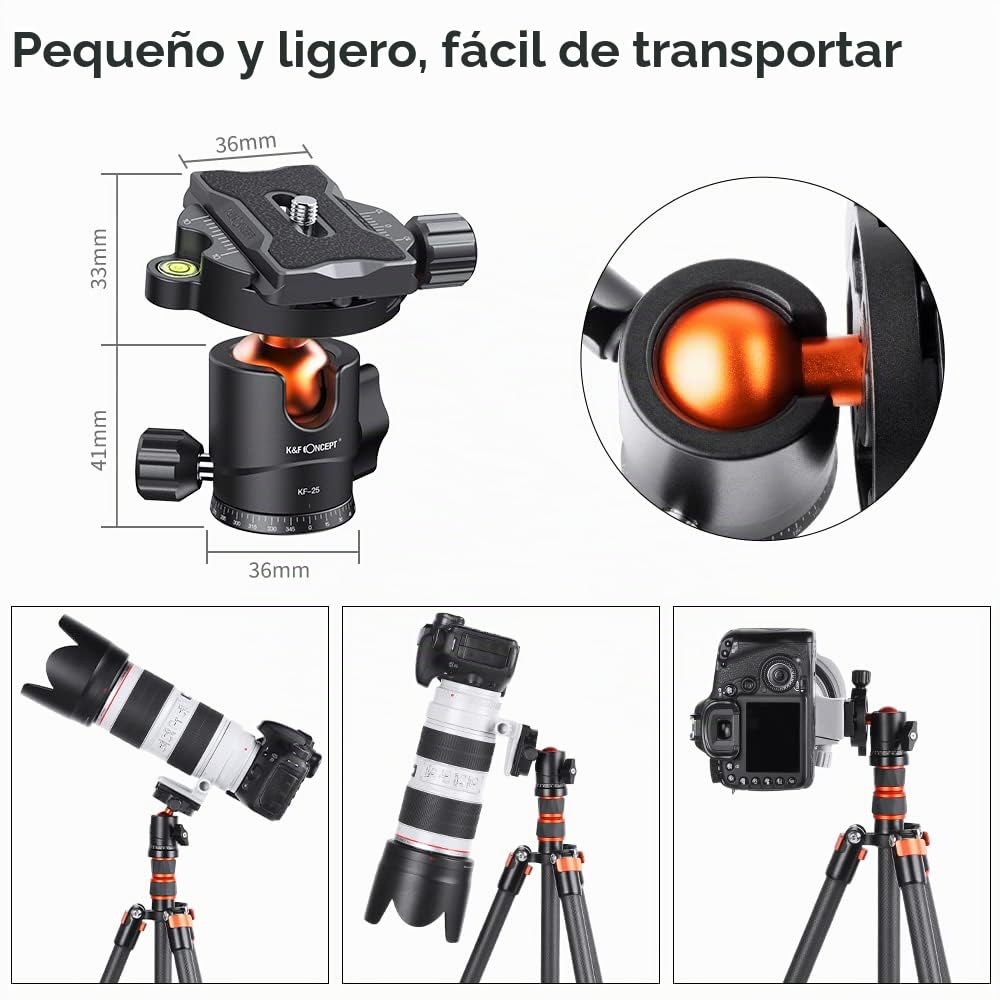 K&F CONCEPT BH-25 Cabeza de Bola de Trípode para Cámara con Placa de Liberación Rápida de 1/4'' y Nivel de Burbuja, Capacidad de Carga de 8 KG para Trípode, Monopié, Cámara
