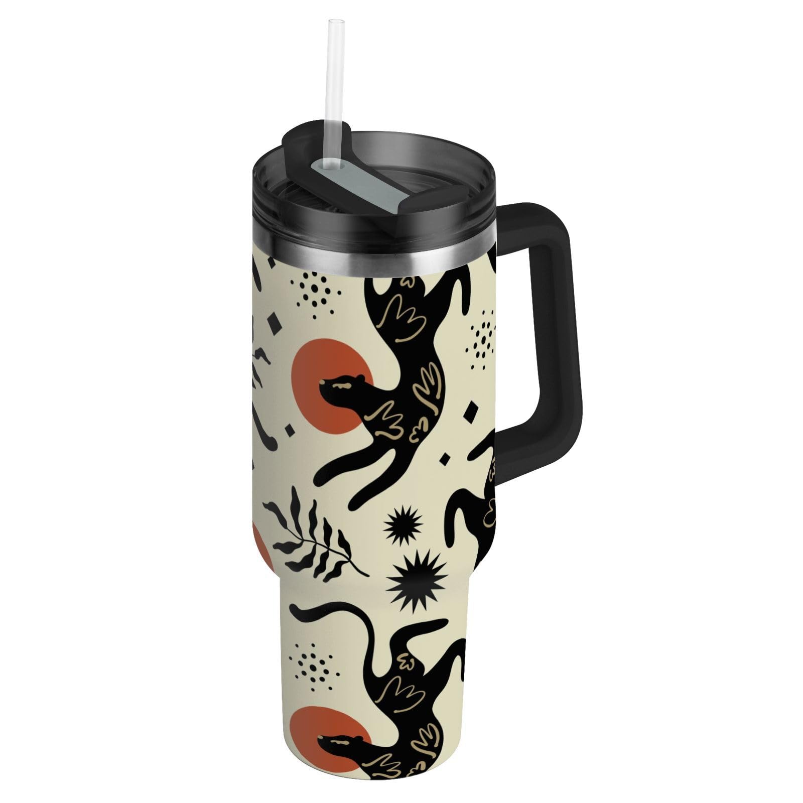 Isolierter Trinkbecher, ethnischer Boho-Leopardenmuster, doppelwandig, Edelstahl, Wasserflasche, Kaffeetasse, Reisebecher mit Griff, Strohhalm-Deckel