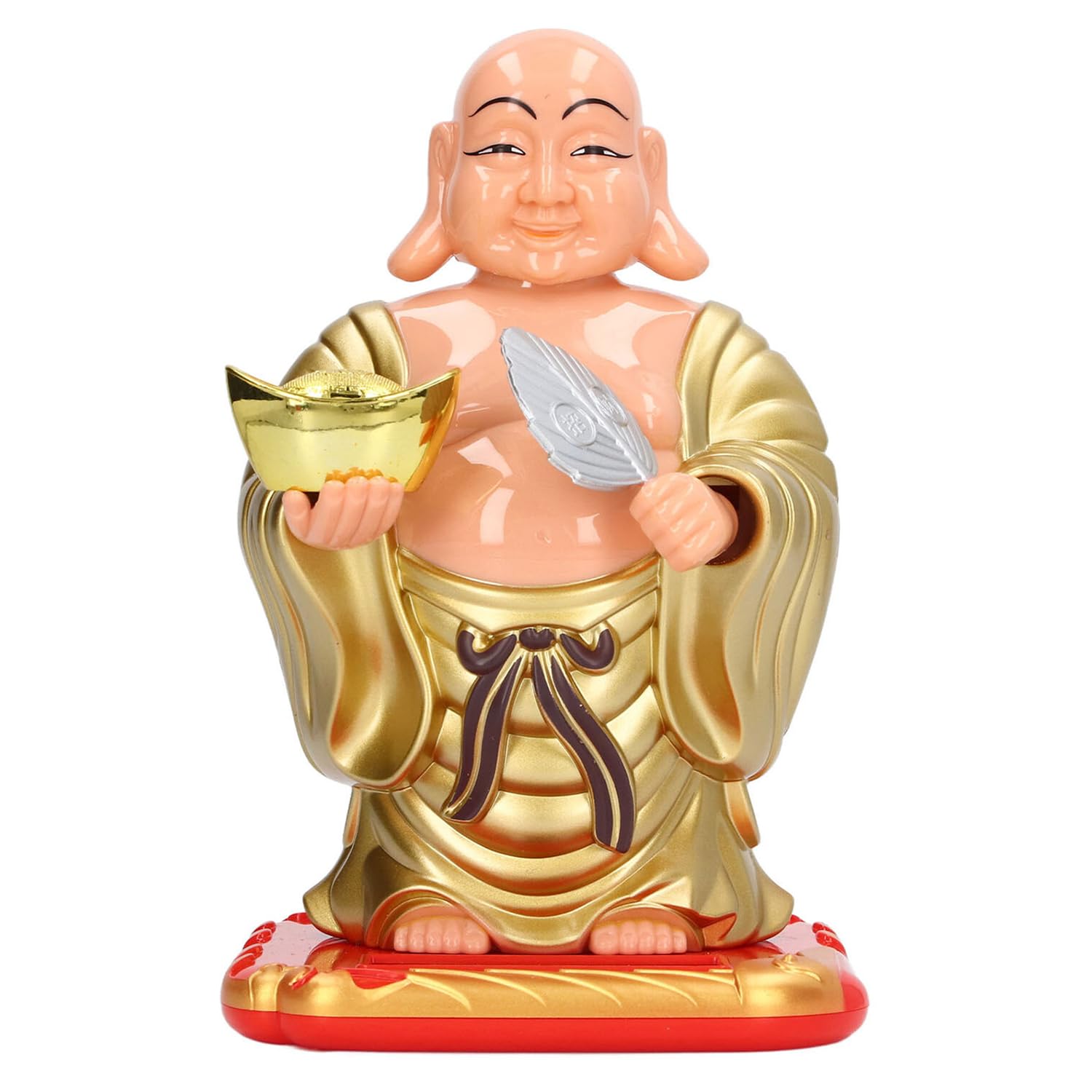 Blissful Elegant Lifestyle Solar Laughing Buddha with Holding Ingot & Waving Fan, Moving Head & Fan, for Health Wealth & Prosperity Decorative Showpiece (10 x 7 x 6 cm)
