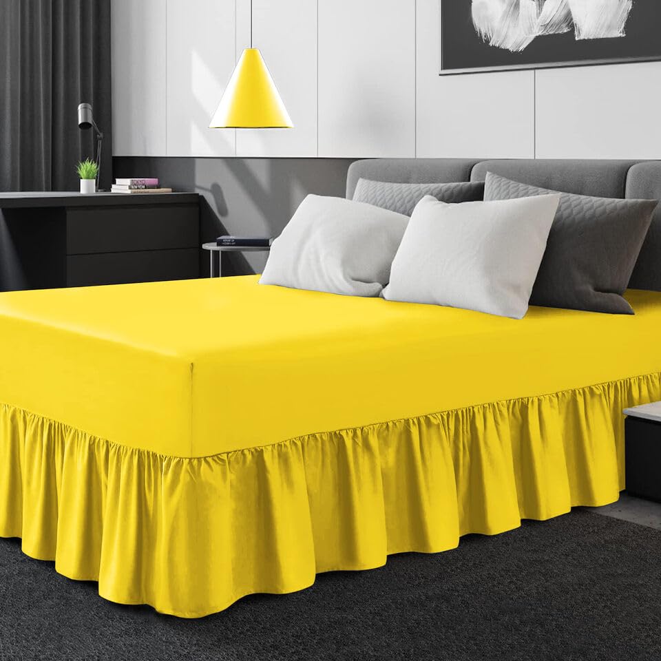 Easy Care Plain Dyed Polycotton Valance Sheet Super Soft Shrinkage Fade Resistant Frilled Valance Bed Skirts Extra Deep Fitted Valance Bed Sheets (Lemon, King)
