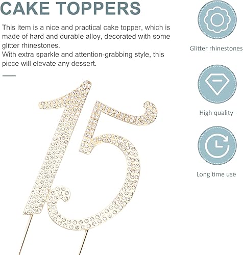 Miniatura 8 de VALICLUD 15 adornos de diamantes de imitación dorados para decoración de cumpleaños, aniversario, fiesta, aleación reutilizable, 8.46 x 3.34 pulgadas