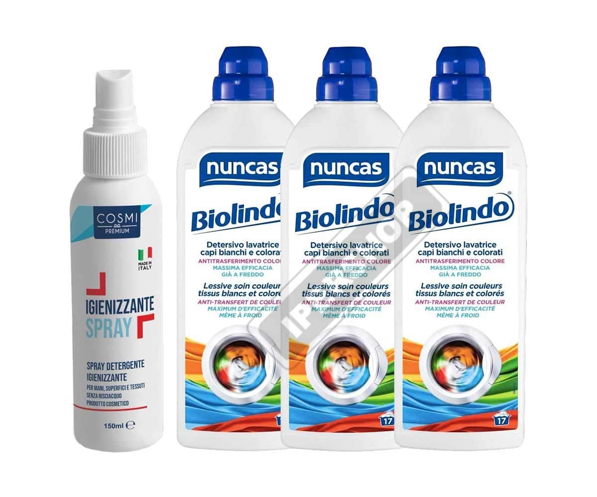 NUNCAS SET 3 BIOLINDO DETERSIVO LAVATRICE PER BIANCHI E COLORATI 1 LT + COSMI IGIENIZZANTE SPRAY 150 ML