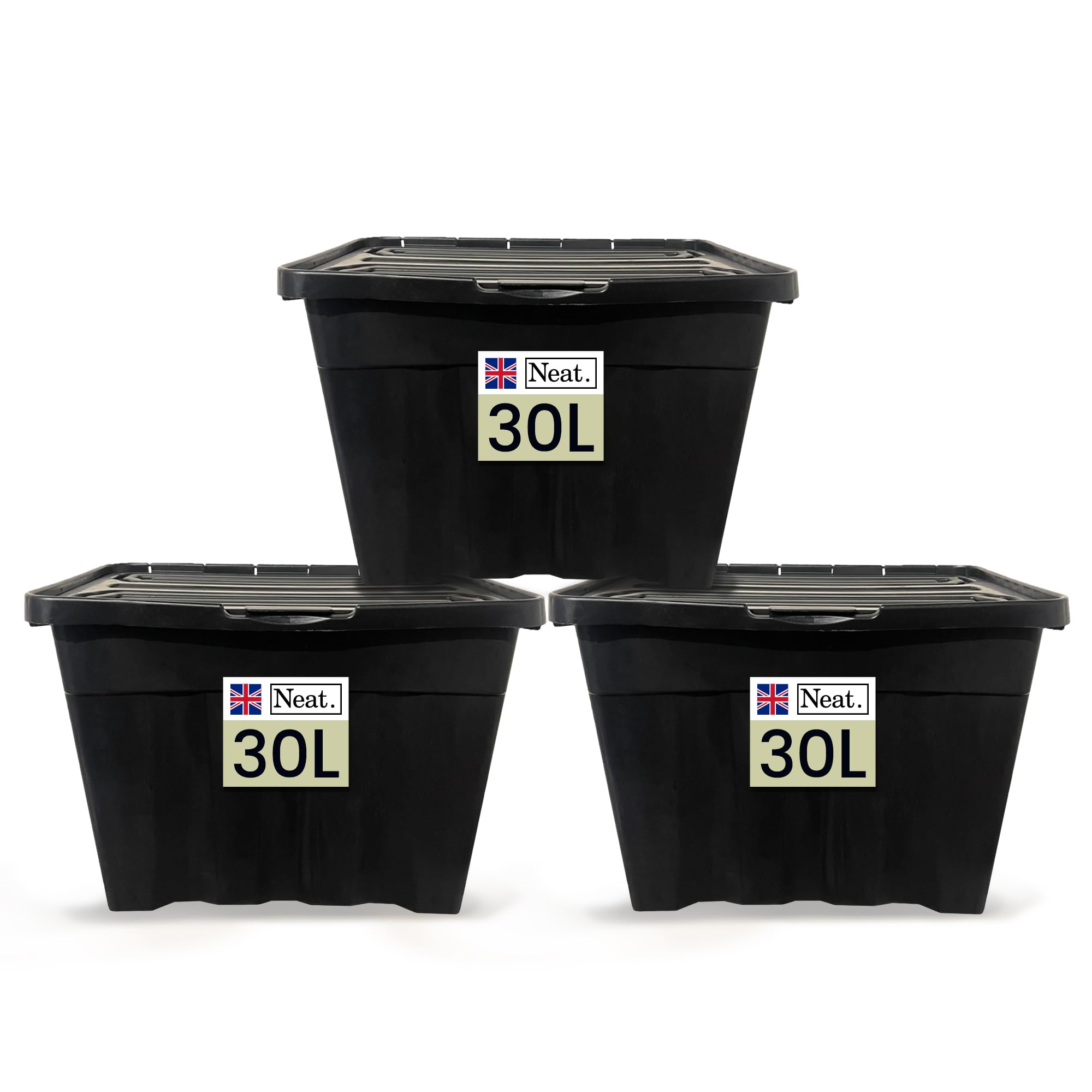 Neat. 30L Storage Boxes with Lids - Black Base & Hinged Lid Ideal for Home Organisation, Durable Plastic Containers, Space-Saving Box Storage Solutions, Plastic Box with Lid for Easy Access, Pack of 3