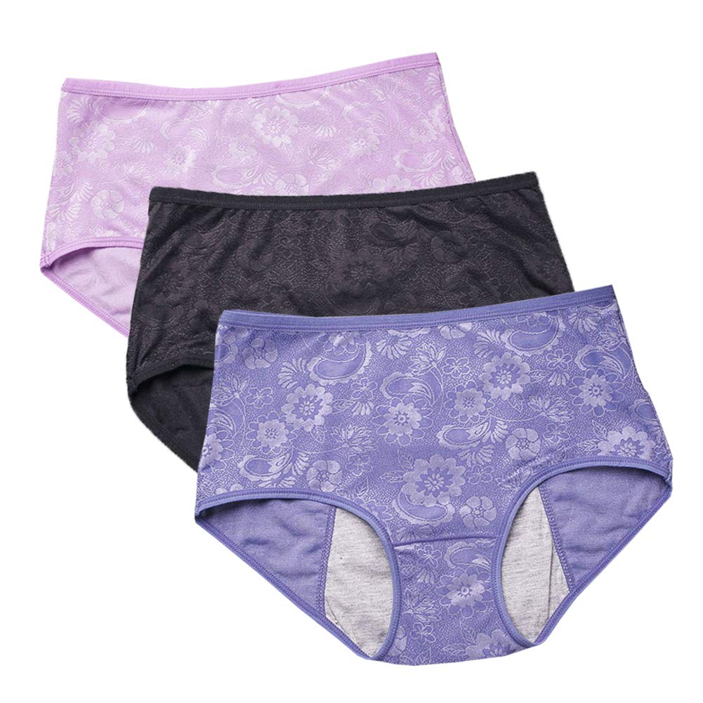 Yoyi Fashion Women's Black,Blue,Lotus Menstrual Period Briefs Jacquard Easy Clean Panties 3 Pack Size 14,