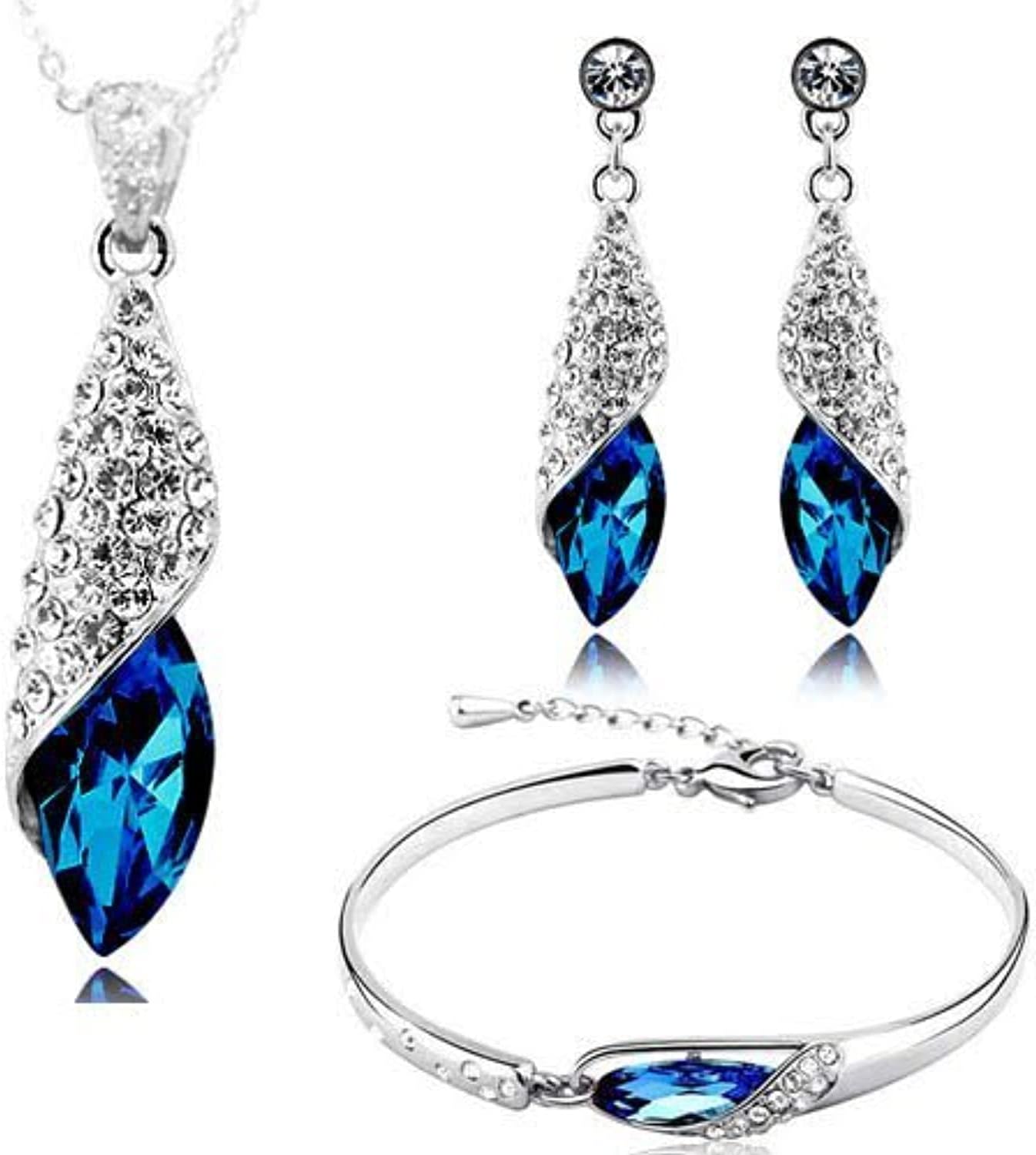 Women's Crystal Necklace Jewellery Set With Earrings & Bracelet (Ybcrs_Combo_00023, Blue)
