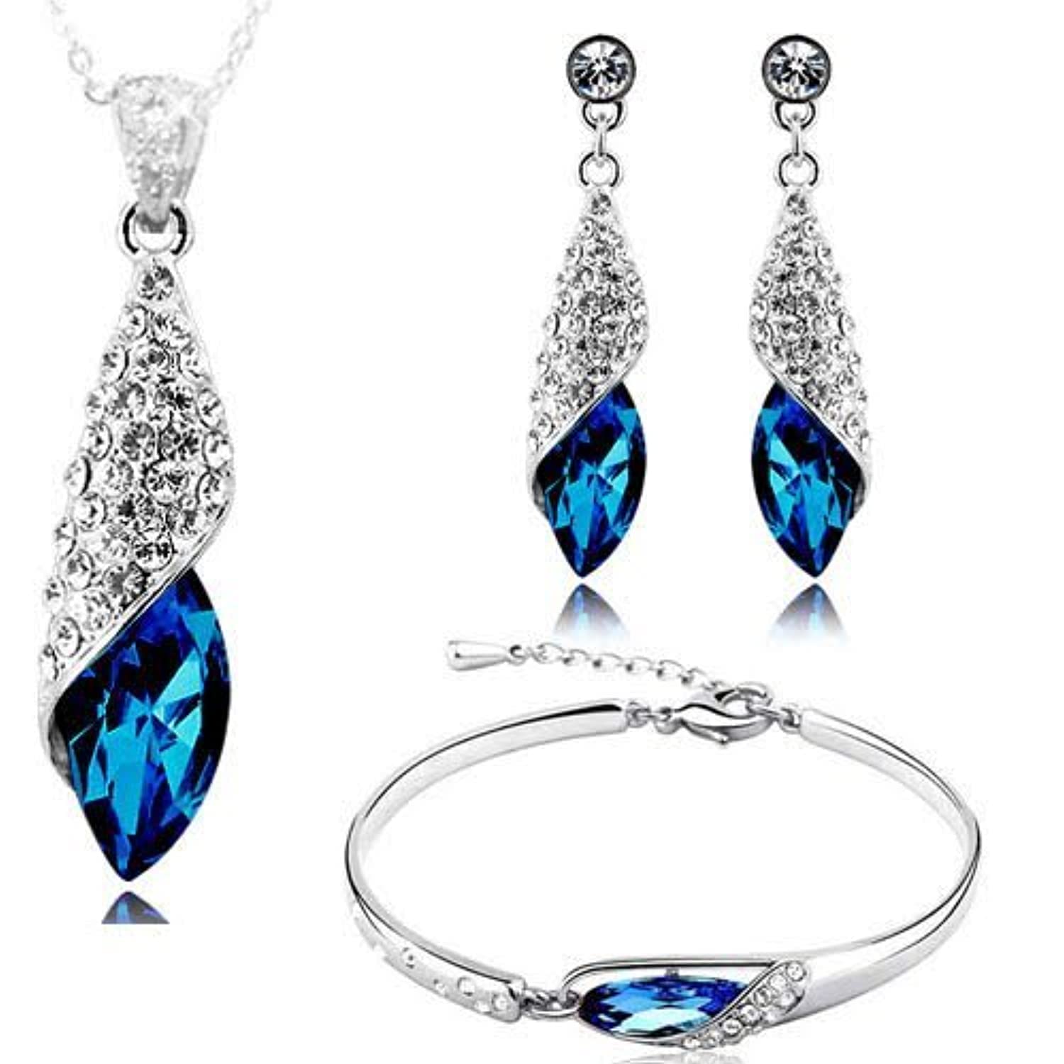 Women's Crystal Necklace Jewellery Set With Earrings & Bracelet (Ybcrs_Combo_00023, Blue)