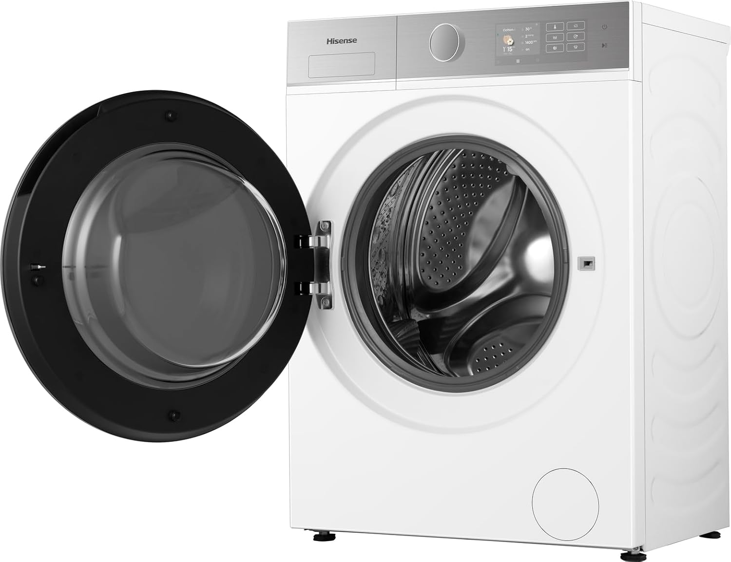 Hisense washing machine with its door open, showing the drum interior.