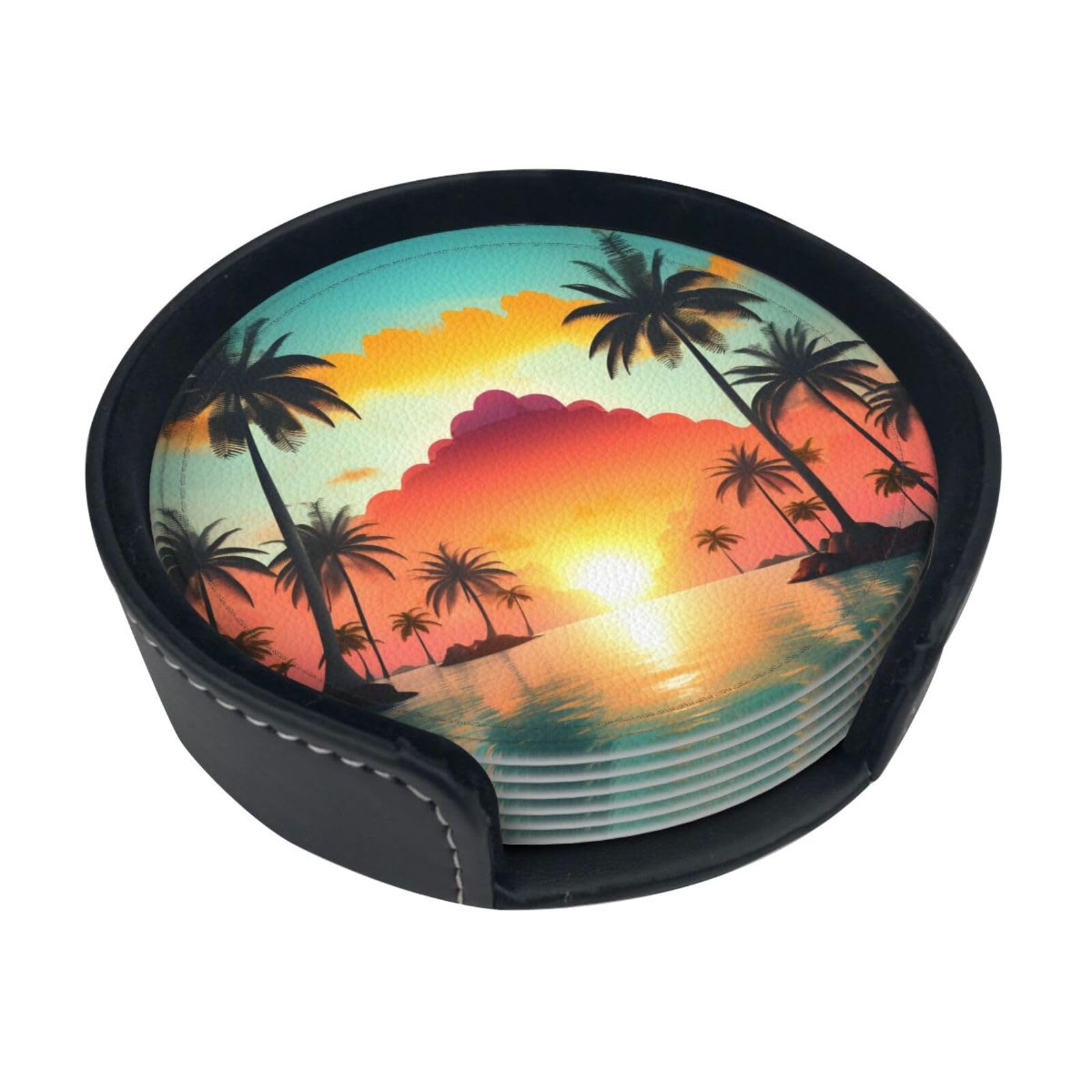 Sunrise Tropical Palm Tree Island Print Round Coasters Set Of 6,Coaster For Tabletop Protection Home Bar Decor