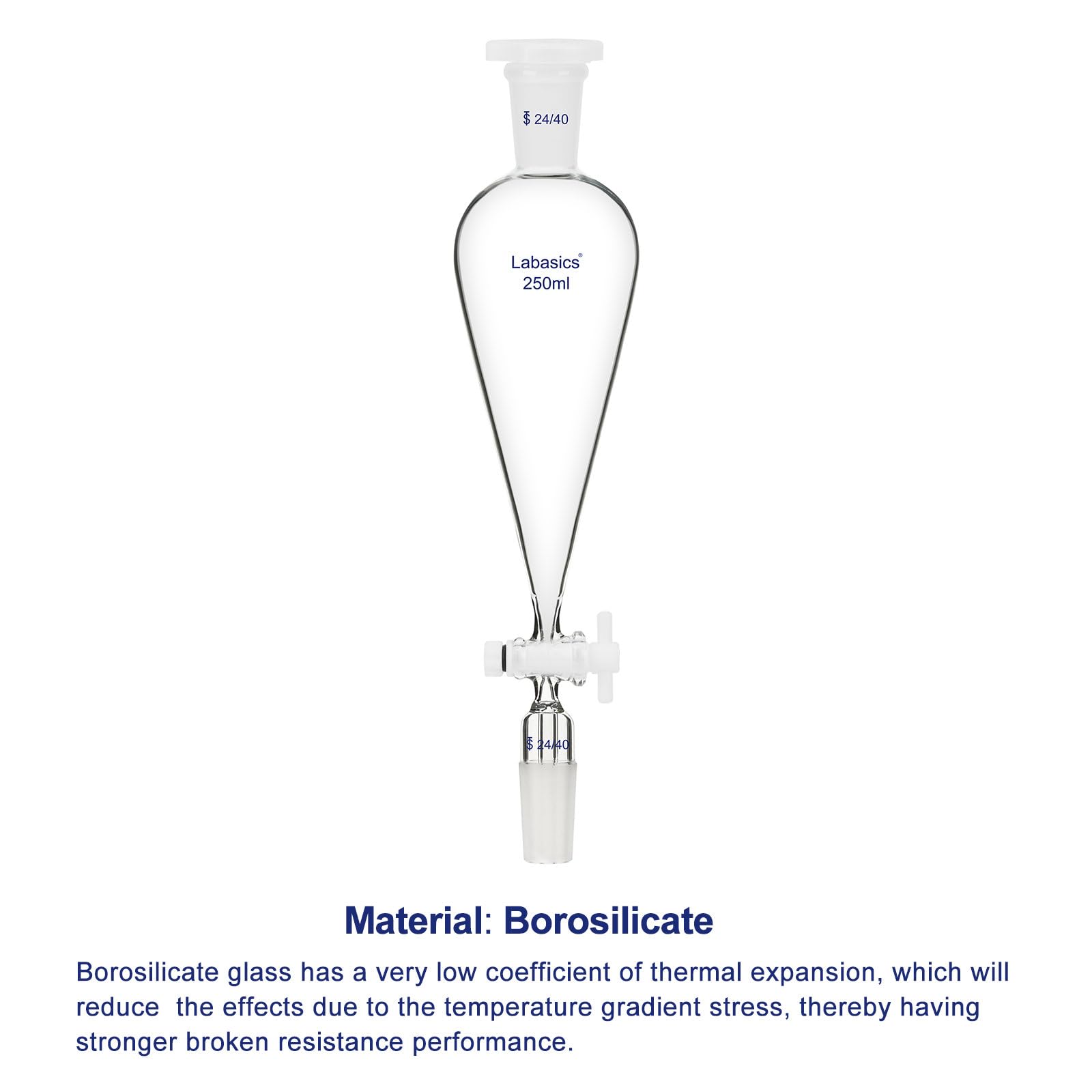Labasics Embudo Separador Cónico en Forma de Pera de 250 ml con Llave de PTFE, Vidrio de Borosilicato Grueso y Juntas 24/40