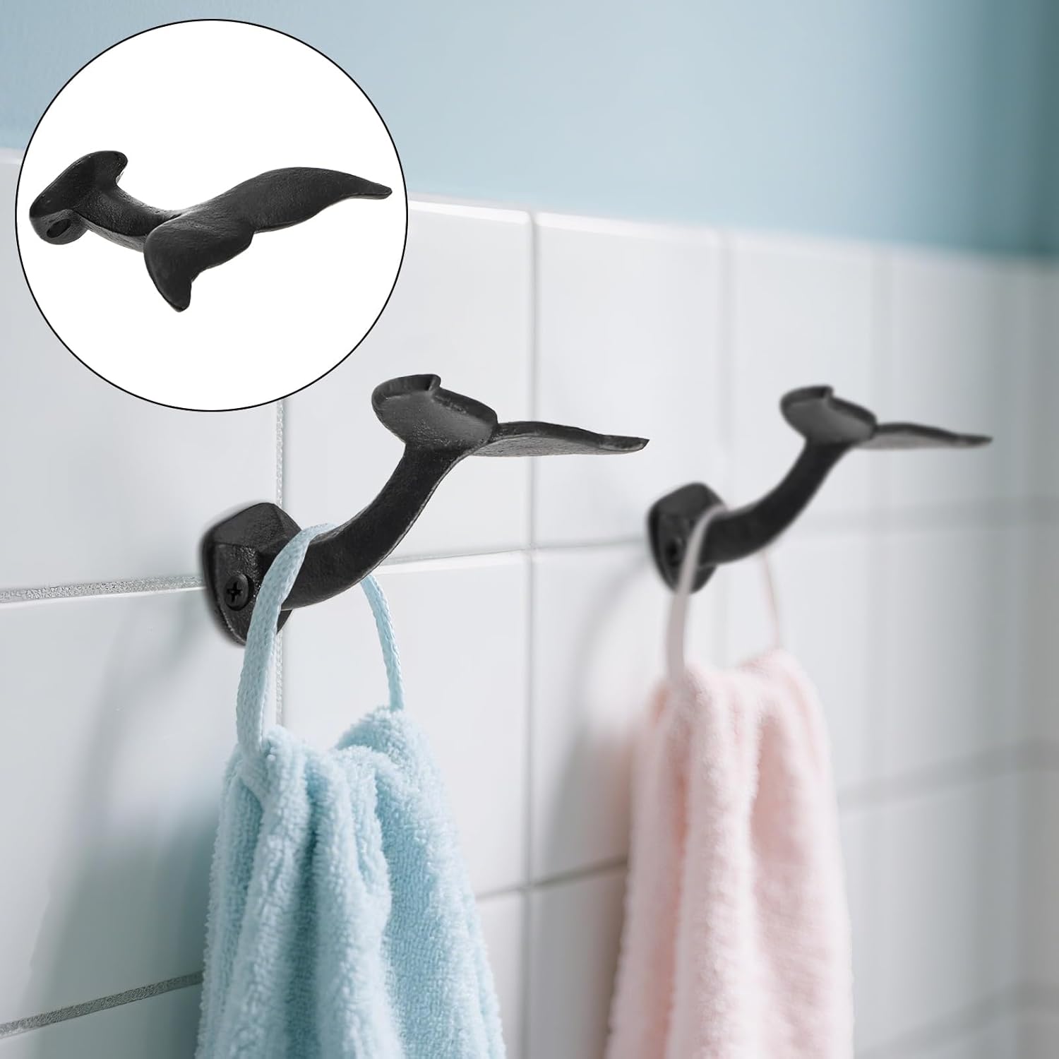 Set of 8 Whale Tail Wall Hooks, Cast Iron Towel Hook with Mounting Screws Wall Anchors, Heavy Duty Wall-Mounted Coat Hanger Nautical Decor for Hanging Purses, Hats, Clothes - Image 7