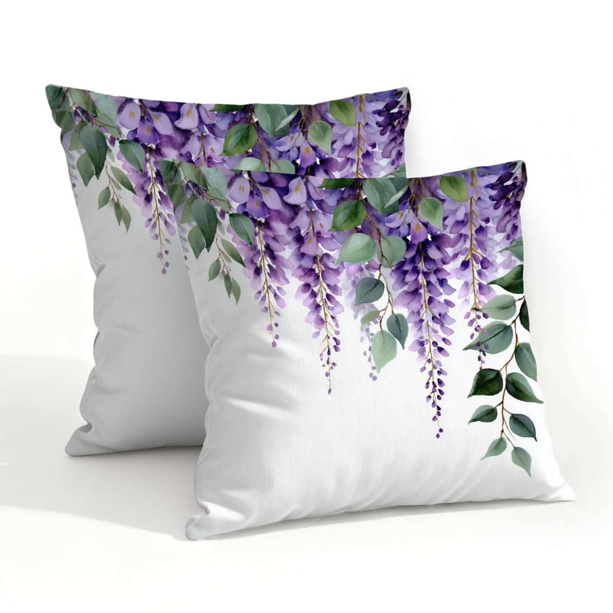 Outdoor Pillow Covers Waterproof Pillowcases 20x20in Set of 2 Wisteria Floral Eucalyptus Leaves Decorative Throw Cushion Case for Couch Sofa Garden Patio Furniture