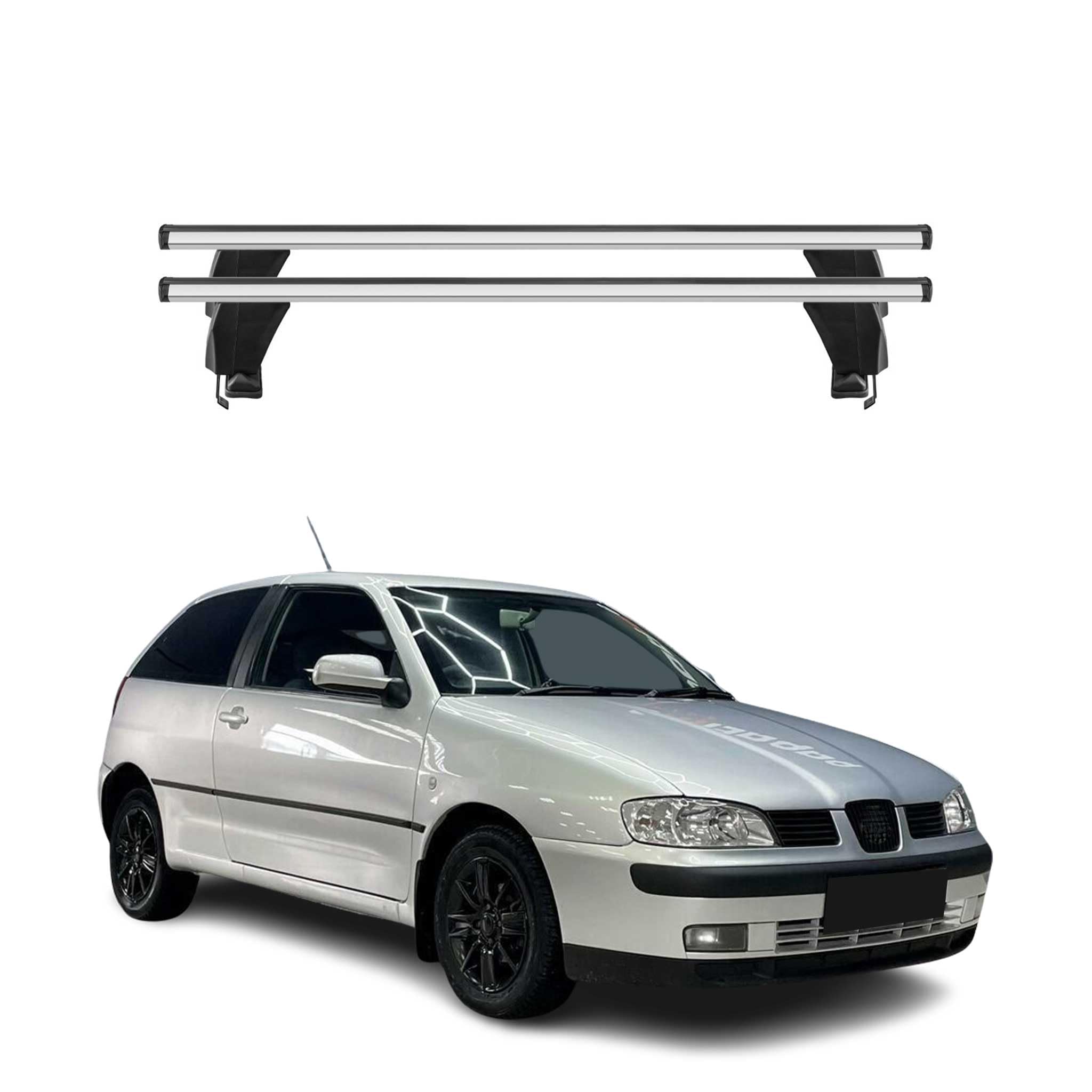 Menabo Grundtäger Barres de toit transversales compatibles avec Seat Ibiza 1993-2002 | Porte-vélos Barres de toit Barres de toit Barres de toit Porte-bagages en aluminium 2 pièces Argenté