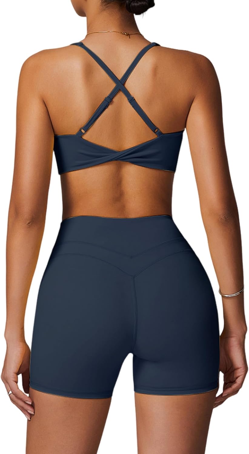 Womens Workout Sets Cross Back Sports Bras Matching High Waist Biker Shorts Yoga Jogger Outfits Work Out Clothes