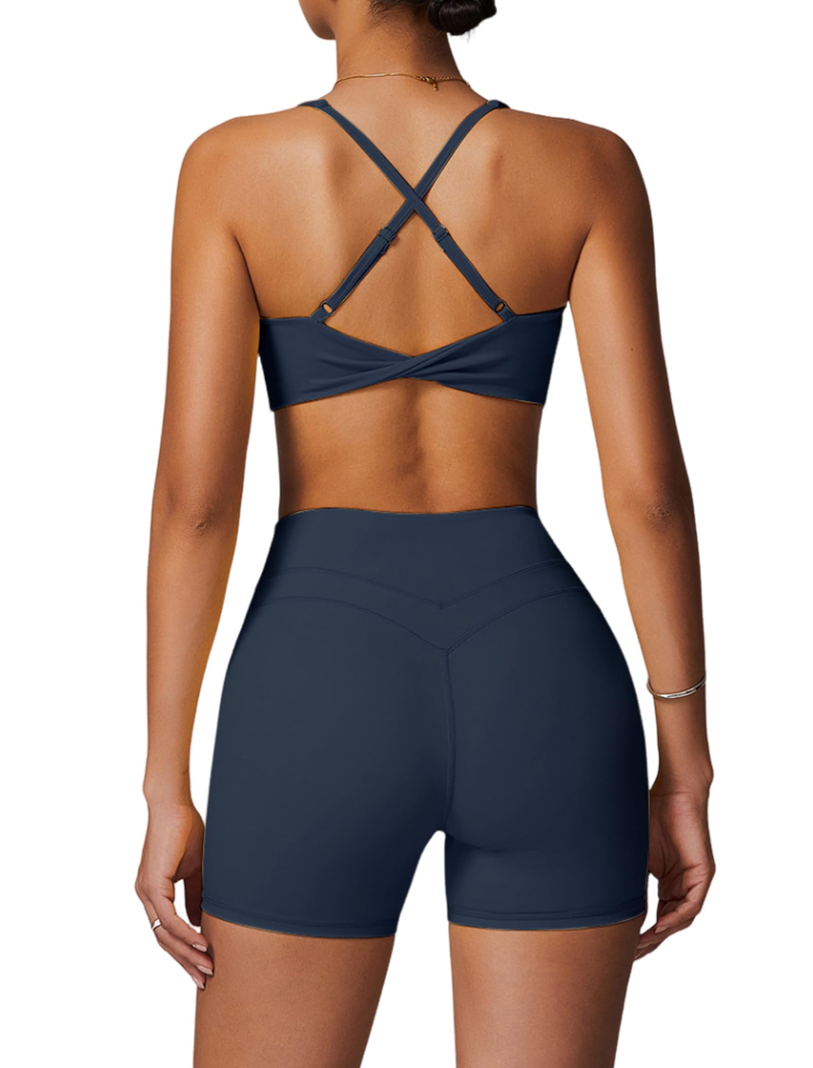 Womens Workout Sets Cross Back Sports Bras Matching High Waist Biker Shorts Yoga Jogger Outfits Work Out Clothes