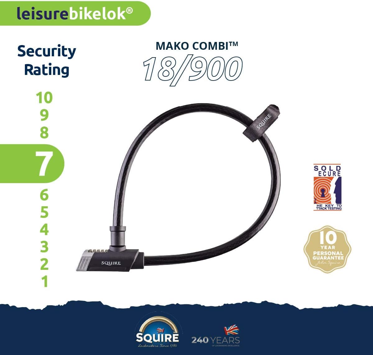Squire Mako Combi 18/900 – 3ft Combination Cable Lock. Patented TORQ DRIV Technology and Armored Steel Lock Body, 5 Wheels for up to 10,000 Possible Combinations.