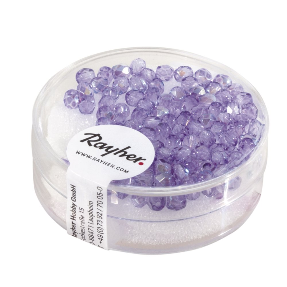 Rayher 14202308 Glass Cut Beads, 3 mm, Iridescent Box of 100, Lilac
