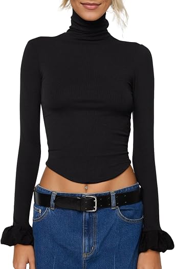 Naileksi Women Y2k Turtleneck Rib Knit Top Long Sleeve Slim Fit Ruffled Cuffs Blouse Shirt Fall Aesthetic Going Out Top