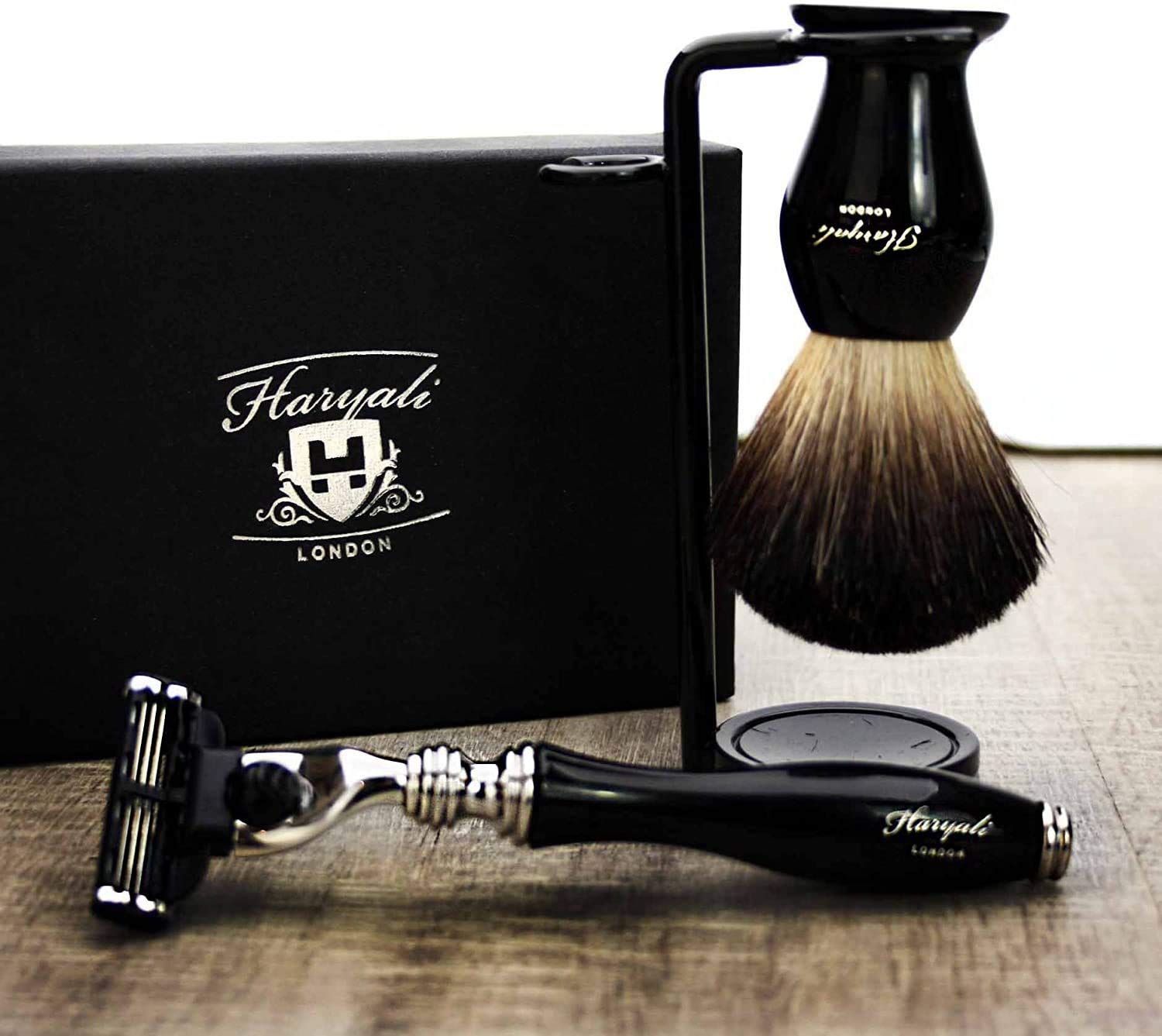 Haryali London Set da barba da uomo 3 Edge rasoio, pennello da barba e supporto da barba