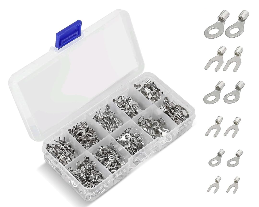 Non-Insulated Ring Terminal & Fork Connector Kit, 320pcs 22-16/16-14/12-10 AWG Wire Lugs Terminals, Electric Crimp Connector,Cable Lock use for Connection,Money Back Guaranty After 30 Days.
