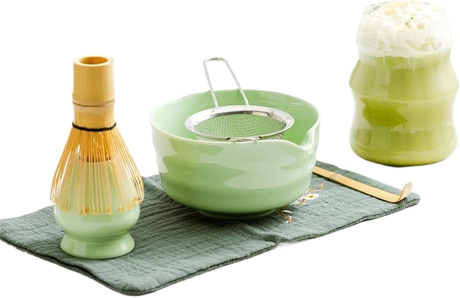 4/5/7 Piece ripple Matcha Kits Tea Set Ceramic Bowl Glass Bring a cup Bamboo Stand Chasen Matcha Tea Gift Box(Green - 5-piece Set)