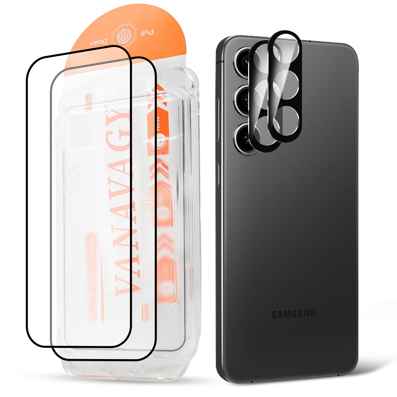 VANAVAGY Glass Screen Protector Compatible for Galaxy S24/S25 6.2 inch [2 Pack][Scratch Resistant], Camera Lens Protector included, Film with Frame Full Coverage Case for Easy Installation
