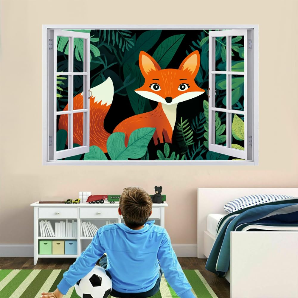 Decalcomanie da muro Art 3D Fracassato Cartone Animato Di Volpe Adesivi murali removibili Pianta Verde Carta da parati Camera da letto autoadesivo per ragazze Camera da letto Nursery Home Decor Gift