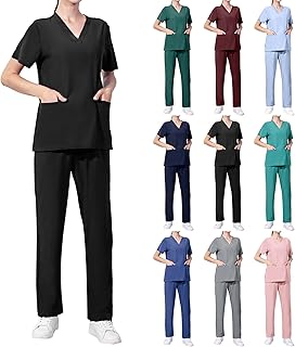 Bourund Scrubs Medical Uniform Women Solid Color Scrubs Set V Neck Short Sleeve Scrubs Top and Pants Nursing 2 Piece Outfits