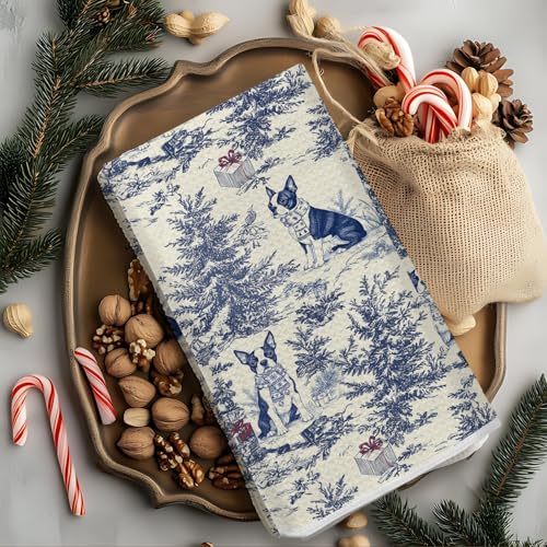 Image of Blue Boston Terrier Christmas Kitchen Towels, Vintage Dog Lover Gifts Dish Tea Towels for Kitchen, French Chinoiserie Holiday Decorative Hand Towel for Bathroom, 16x24 Inch