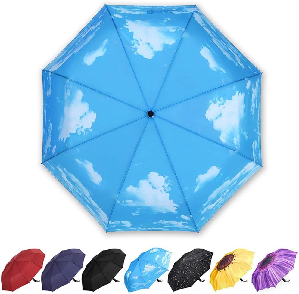 YumSur Compact Automatic Travel Umbrella, Windproof Folding Umbrella with Printed Raindrops Design, Auto Open Close and Upgraded Comfort Handle, for Men and Women