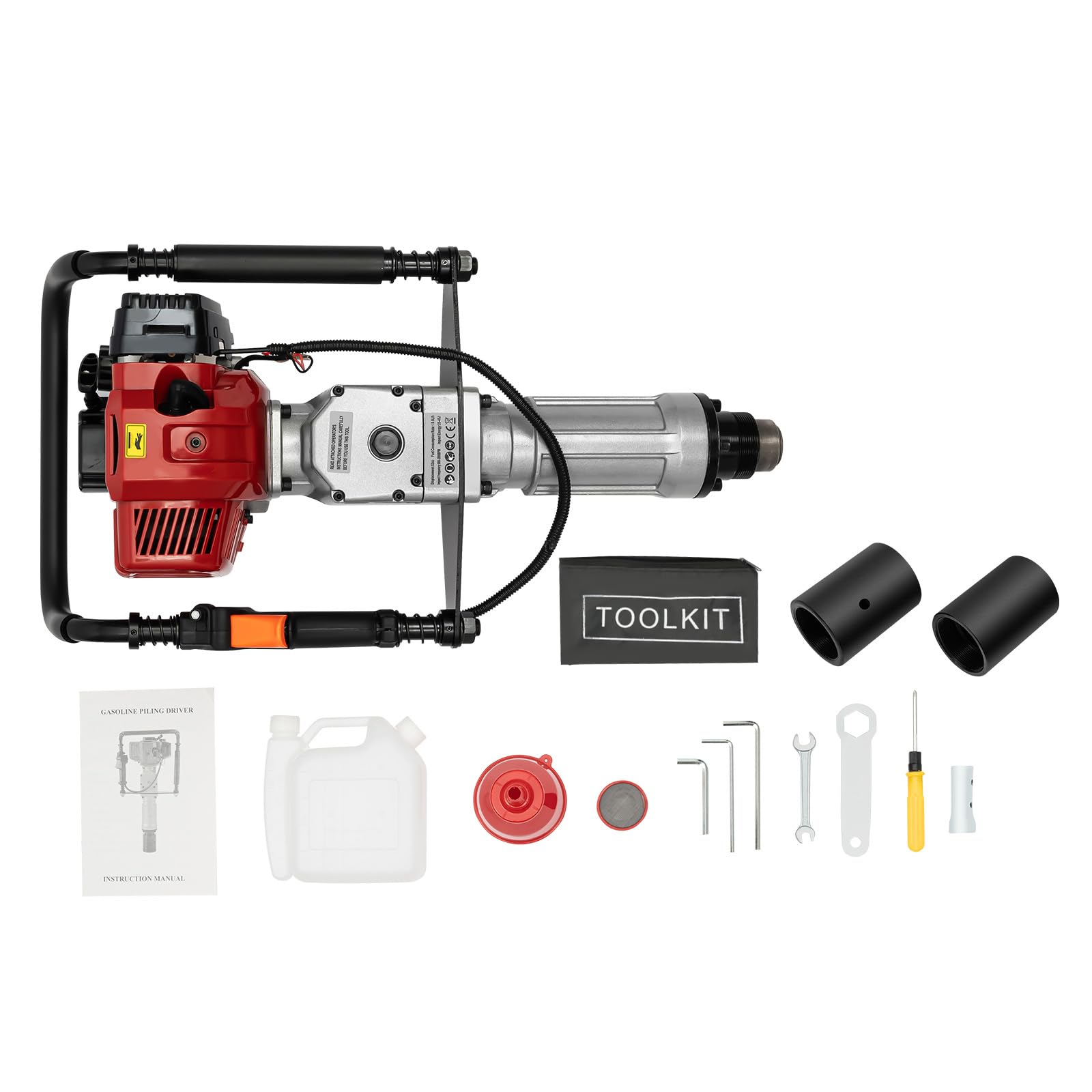 52CC 2-Takt Benzin Pfahlramme, 1900W 45J Aluminium Tragbar Einzylinder Profi Pfostentreiber Handramme Zaunpfahlramme Erdlochbohrer mit 55MM 70MM Hülse für Zaunbau Gebäude Gartenzaun